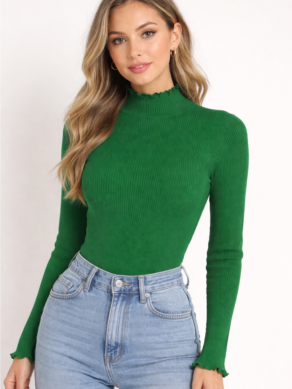 Boden Ribbed Mock Neck Sweater Lettuce Hem Long Sleeve Kelly Green Size S